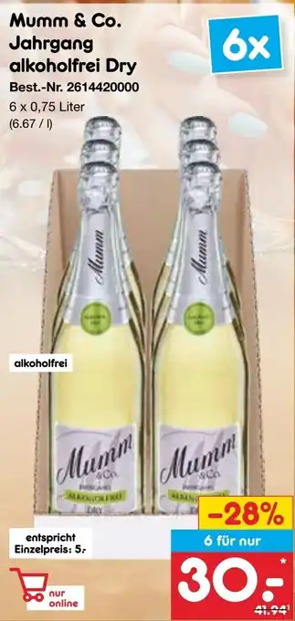 Netto Marken-Discount Mumm & Co. Jahrgang alkoholfrei Dry 6 x 0,75 Liter Angebot