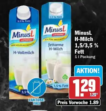 AEZ Minusl H-Vollmilch fettarme H-Milch 1 l Packung Angebot