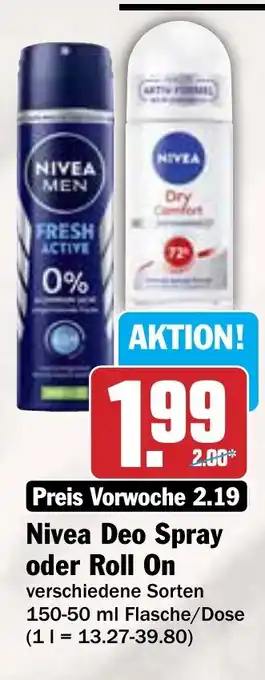 AEZ Nivea Deo Spray oder Roll On 150-50 ml Flasche/Dose Angebot