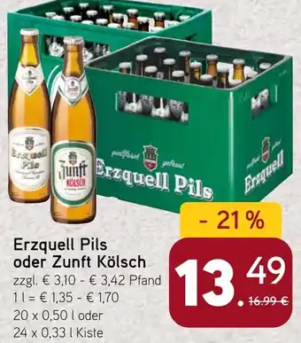 Dornseifer Erzquell Pils oder Zunft Kölsch 20 x 0,50 L oder 24 x 0,33 L Kiste Angebot