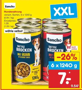 Netto Marken-Discount Sancho Hundenahrung versch. Sorten, 6 x 1240 g Angebot