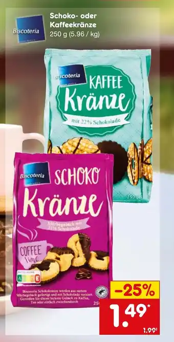 Netto Marken-Discount Biscoteria Schoko- oder Kaffeekränze 250 g Angebot