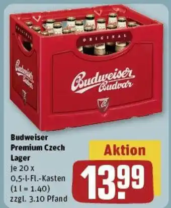 REWE Budweiser Premium Czech Lager je 20 x 0,5-I-FI. Angebot