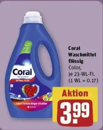 REWE Coral Waschmittel flüssig Color, je 23-WL-FL. Angebot