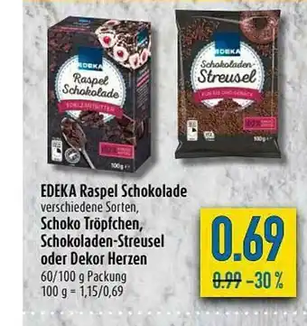 diska Edeka Raspel Schokolade, Schoko Tröpfchen, Schokoladen-streusel Oder Dekor Herzen Angebot