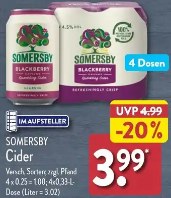 Aldi Nord SOMERSBY Cider 4x0,33 L Dose Angebot