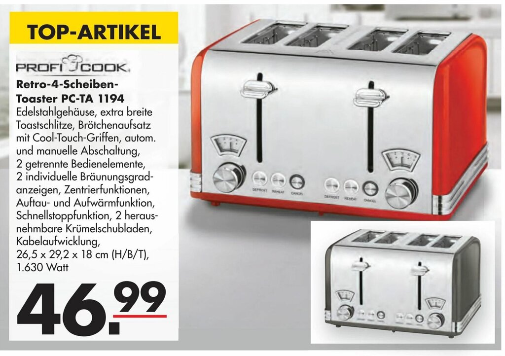 Profi Cook Retro 4 Scheiben Toaster PCTA 1194 Angebot bei Handelshof