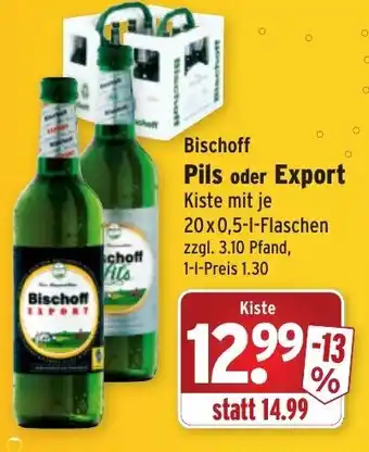 Wasgau Bischoff Pils oder Export 20x0,5L Angebot