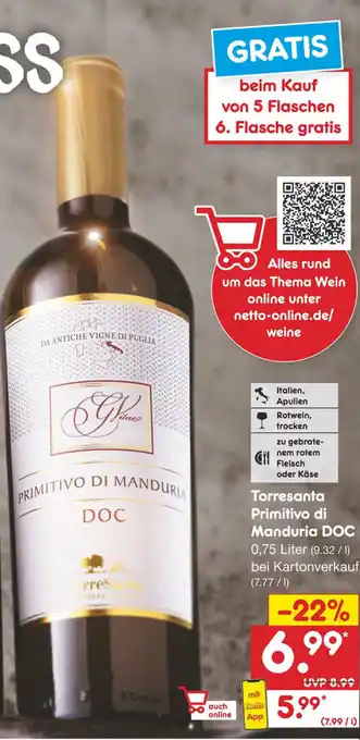 Netto Marken-Discount Torresanta Primitivo di Manduria DOC 0,75 Liter Angebot