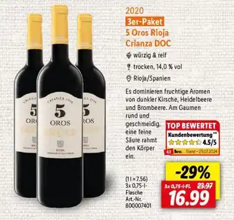 Lidl 5 Oros Rioja Crianza DOC 3*750ml Angebot