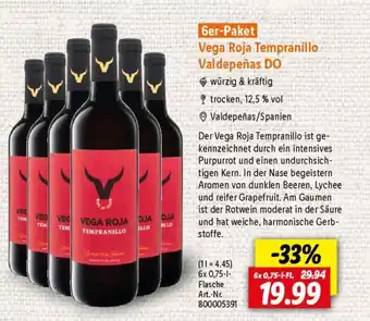 Lidl Vega Roja Tempranillo Valdepeñas DO 6*750ml Angebot