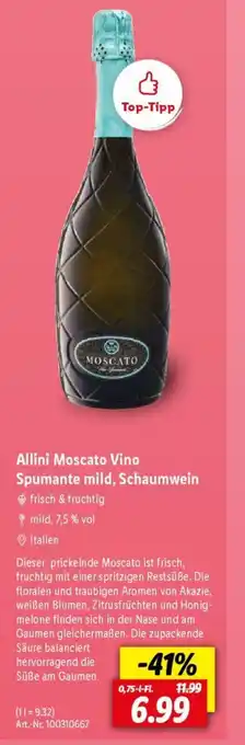Lidl Allini Moscato Vino Spumante mild, Schaumwein 750ml Angebot