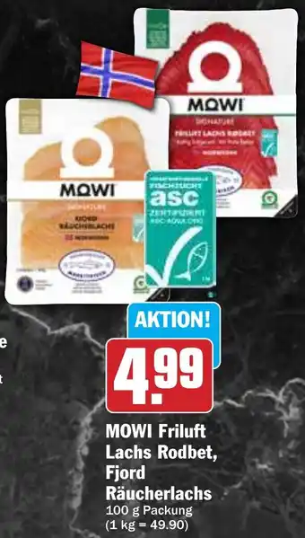 Hit MOWI Friluft Lachs Rodbet, Fjord Räucherlachs 100 g Packung Angebot