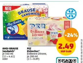 PENNY AHOJ-BRAUSE Sandwich je 540 ml oder PEZ Eisbecher Erdbeere Zitrone, je 280 ml Angebot