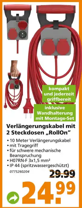 Globus Baumarkt Verlängerungskabel mit 2 Steckdosen RollOn Angebot