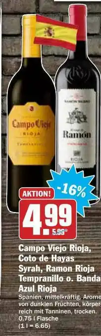 Hit Campo Viejo Rioja, Coto De Hayas Syrah, Ramon Rioja Tempranillo O. Banda Azul Rioja Angebot