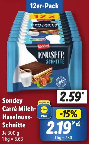 Lidl Sondey Carré Milch Haselnuss Schnitte 300 g Angebot