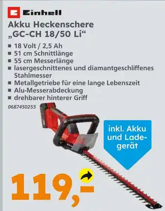 Globus Baumarkt Einhell Akku Heckenschere ,,GC-CH 18/50 Li❝ Angebot