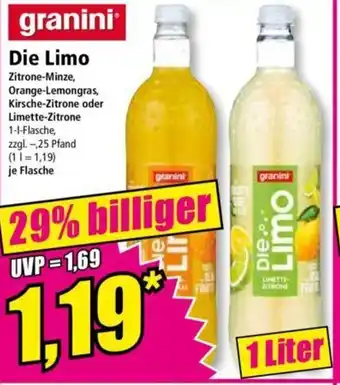 Norma granini Die Limo Zitrone-Minze, Orange-Lemongras, Kirsche-Zitrone oder Limette-Zitrone 1-l-Flasche, Angebot