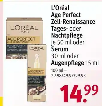 Rossmann L’oréal age perfect zell-renaissance tages- oder nachtpflege, serum oder augenpflege Angebot