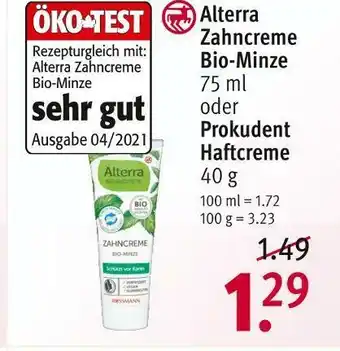 Rossmann Alterra zahncreme bio-minze oder prokudent haftcreme Angebot