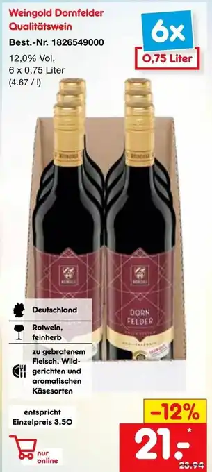 Netto Marken-Discount Weingold Dornfelder Qualitätswein 6x0,75L Angebot