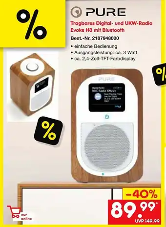 Netto Marken-Discount Pure Tragbares Digital und UKW Radio Evoke H3 mit Bluetooth Angebot