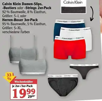 Globus Calvin Klein Damen Slips, Bustiers oder Strings 2er Pack oder Herren Boxer 3er Pack Angebot