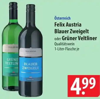 Famila Nord Ost Österreich Felix Austria Blauer Zweigelt oder Grüner Veltliner 1 Liter Flasche Angebot