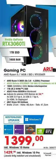 Arlt Gaming Pc Amd Ryzen 5 16gb Ssd Rtx3060ti Angebot