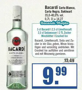 Zisch Bacardí Carta Blanca, Carta Negra, Oakheart Angebot