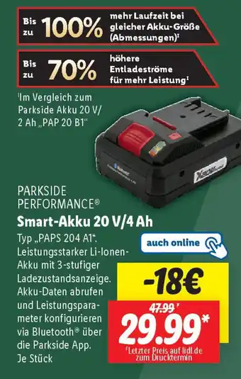 Lidl PARKSIDE PERFORMANCE Smart-Akku 20 V/4 Ah Typ „PAPS 204 A1“. Angebot