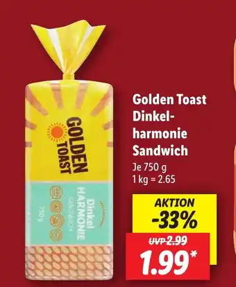 Lidl Golden Toast Dinkel- harmonie Sandwich 750 g Angebot