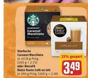 REWE Starbucks Caramel Macchiato oder Nescafé Dolce Gusto Café au Lait Angebot