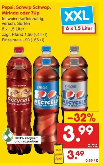 Netto Getränke Discount Pepsi, Schwip Schwap, Mirinda oder 7Up 6 x 1.5 Liter Angebot