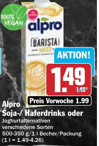 AEZ Alpro Soja-/ Haferdrinks oder Joghurtalternativen 500-350 g/1 l Angebot