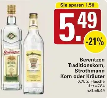 WEZ Berentzen Traditionskorn, Strothmann Korn oder Kräuter 0,7Ltr. Flasche Angebot