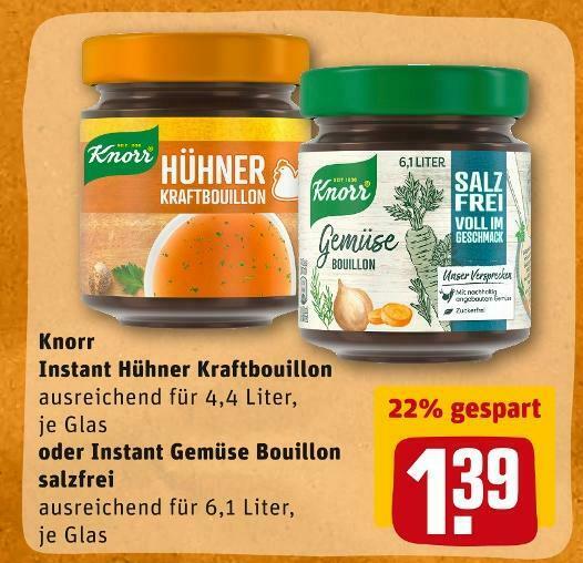 Knorr instant hühner kraftbouillon oder instant gemüse bouillon salzfrei Angebot bei REWE