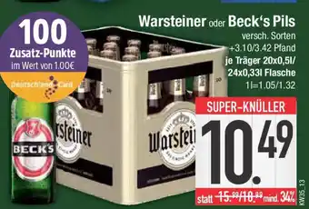 E-Center Warsteiner oder Beck's Pils 20 x 0,5 l/24 x 0,33 l Flasche Angebot