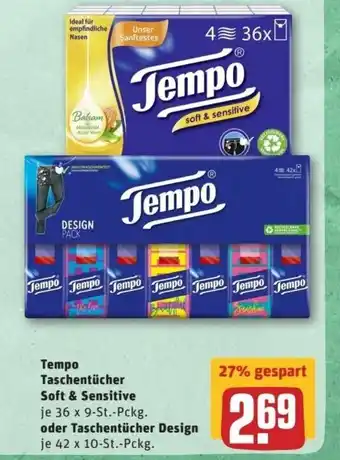 REWE Center Tempo Taschentücher Soft & Sensitive oder Taschentücher Design Angebot