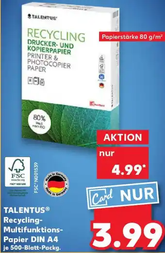 Kaufland TALENTUS Recycling Multifunktions Papier DIN A4, je 500-Blatt-Packg. Angebot