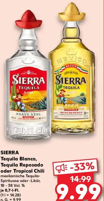 Kaufland SIERRA Tequila Blanco, Tequila Reposado oder Tropical Chili 0,7 L Angebot