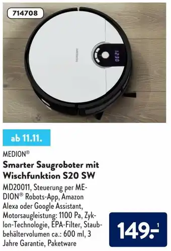 Aldi Süd Medion Smarter Saugroboter mit Wischfunktion S20 SW Angebot