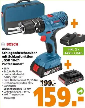 Globus Baumarkt BOSCH Akku-Schlagbohrschrauber mit Schlagfunktion ,,GSB 18-21 Professional" Angebot