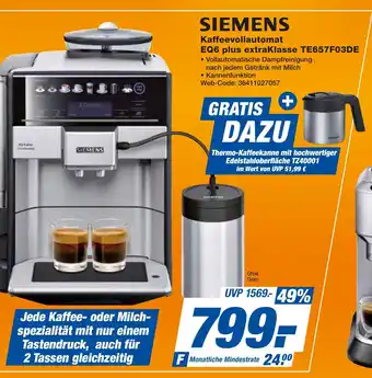 expert Techno Land SIEMENS Kaffeevollautomat EQ6 plus extraklasse TE657F03DE Angebot