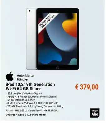 Cyberport Apple Ipad 10.2" 9th Generation Wifi 64gb Silber Angebot