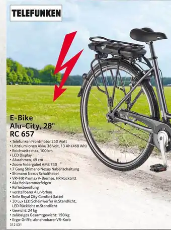 Selgros Telefunken E-Bike Alu City, 28" RC 657 Angebot