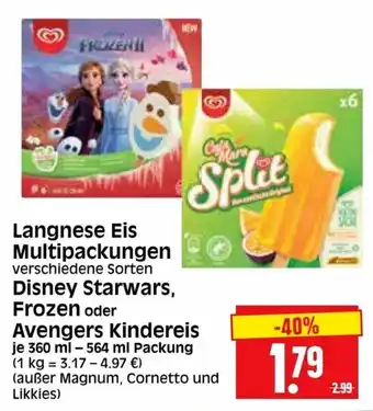 Edeka Herkules Langnese Eis Multipackungen , Disney Starwars, Frozen oder Avengers Kindereis 360-564ml Angebot