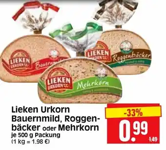 Edeka Herkules Lieken Urkorn Bauernmild, Roggenbäcker oder Mehrkorn 500g Angebot