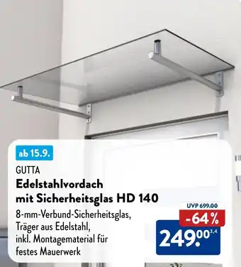 Aldi Nord GUTTA Edelstahlvordach mit Sicherheitsglas HD 140 Angebot